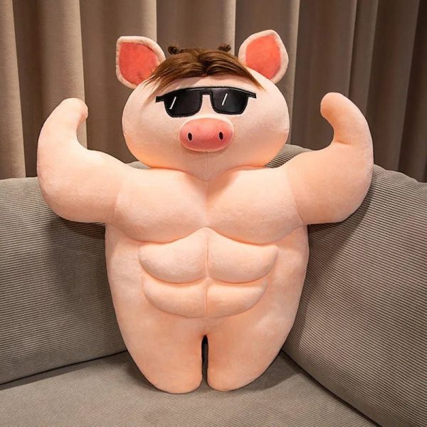 peluche cochon bodybuildé brun à lunettes