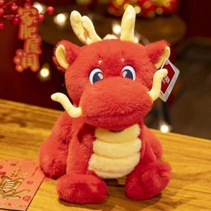 peluche dragon chinois à cornes rouge