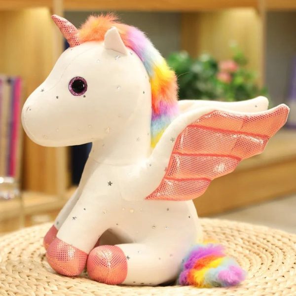 peluche licorne blanche à crinière arc-en-ciel magique