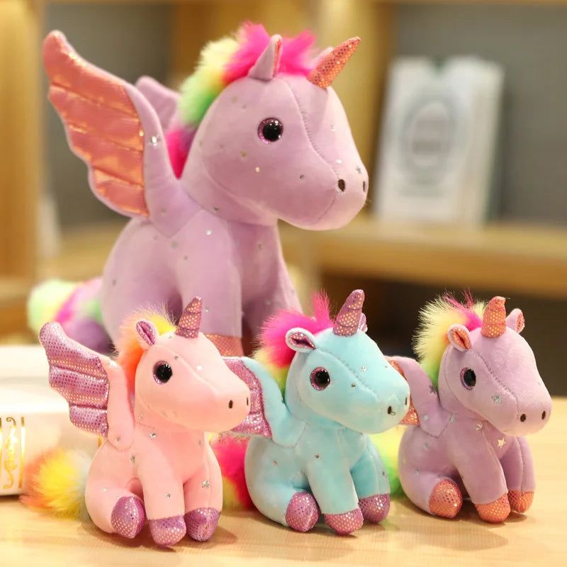 peluche licorne magique avec crinière multicolore