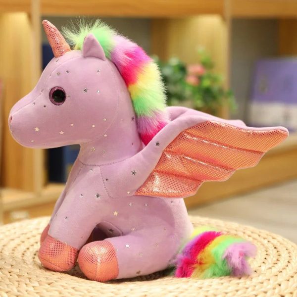 peluche licorne violette à crinière arc-en-ciel magique